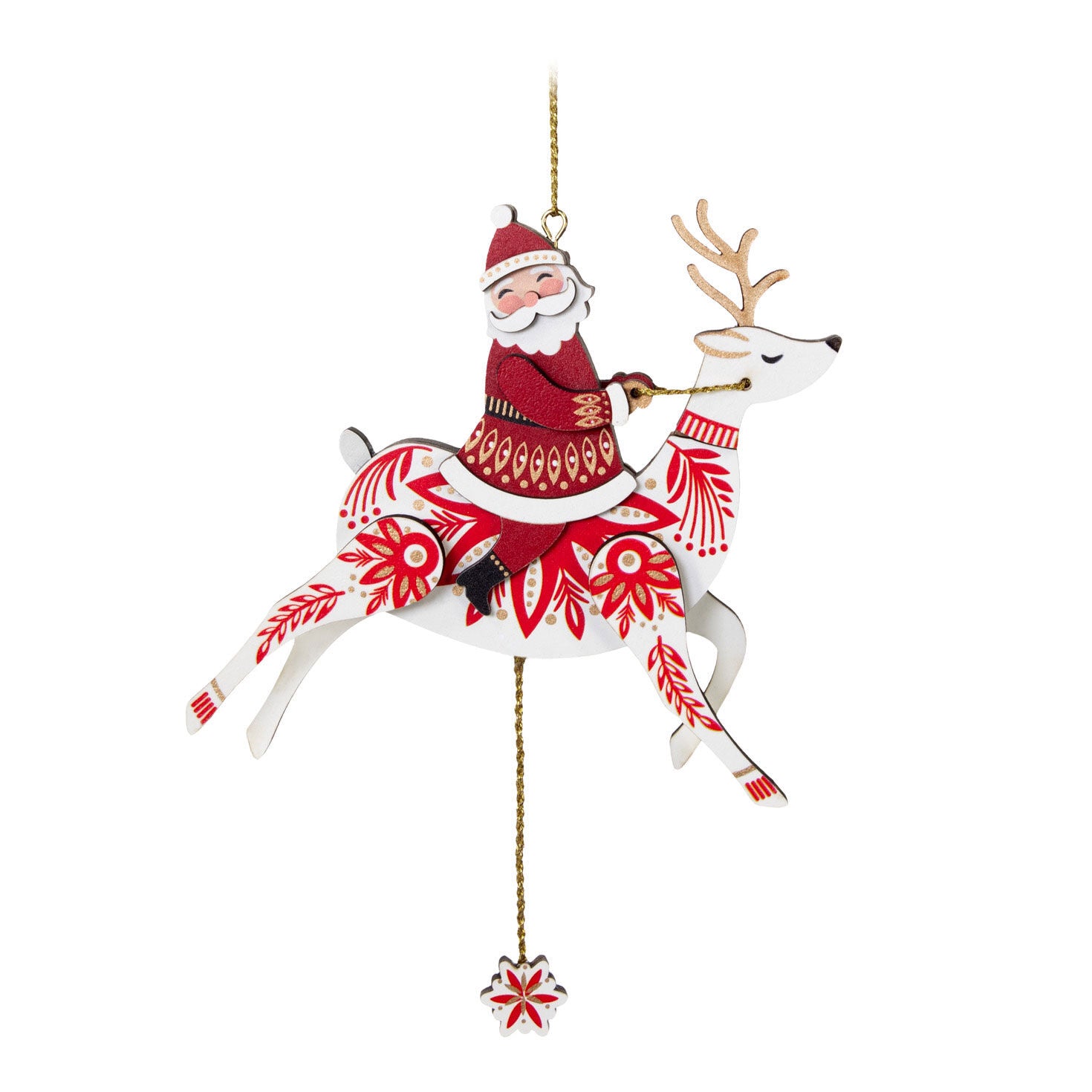 Pull-String Reindeer With Santa Wood Ornament